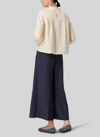 Lemon Chiffon Linen Ruffle Stand Collar Cropped Blouse
