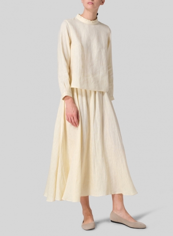 Lemon Chiffon Linen Ruffle Stand Collar Cropped Blouse Set