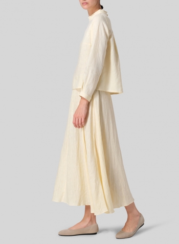 Lemon Chiffon Linen Ruffle Stand Collar Cropped Blouse Set