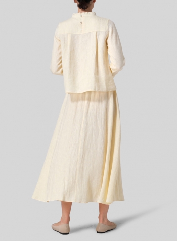 Lemon Chiffon Linen Ruffle Stand Collar Cropped Blouse Set