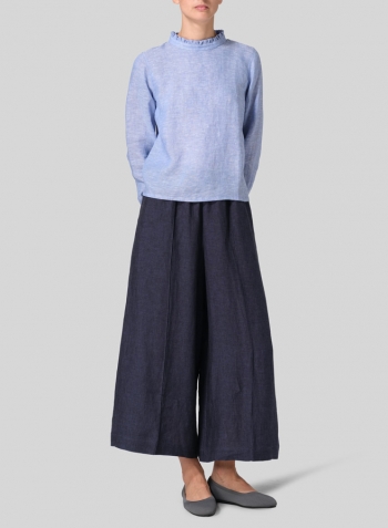 Cornflower Blue Linen Ruffle Stand Collar Cropped Blouse