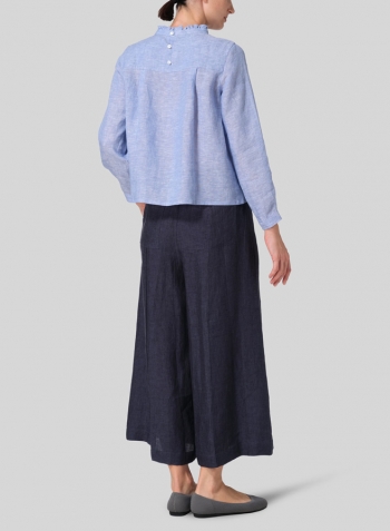 Cornflower Blue Linen Ruffle Stand Collar Cropped Blouse