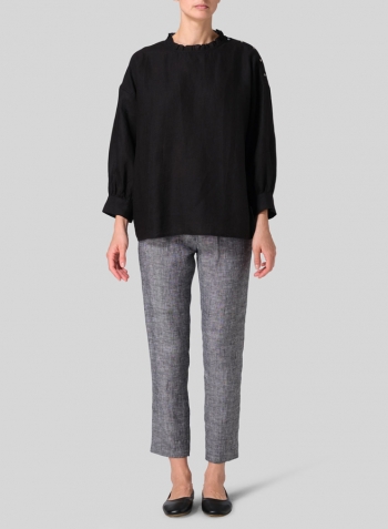 Black Linen Dropped Shoulder Ruffle Collar Blouse