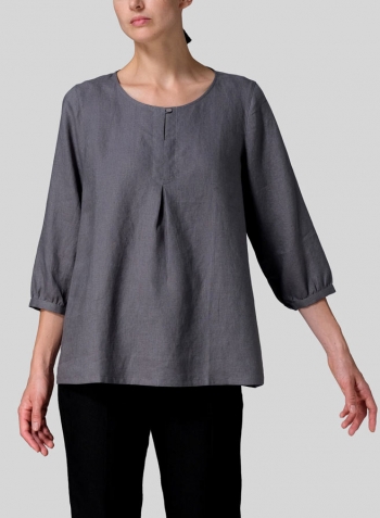 Gray Linen Half Sleeve Inverted Front Pleat Blouse