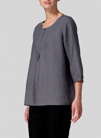 Gray Linen Half Sleeve Inverted Front Pleat Blouse