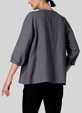 Gray Linen Half Sleeve Inverted Front Pleat Blouse