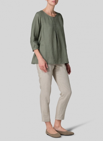 Dark Khaki Linen Half Sleeve Inverted Front Pleat Blouse