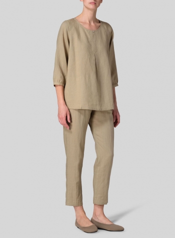 Khaki Sand Linen Half Sleeve Inverted Front Pleat Blouse