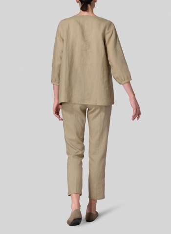 Khaki Sand Linen Half Sleeve Inverted Front Pleat Blouse