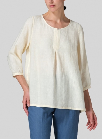 Soft Yellow Linen Half Sleeve Inverted Front Pleat Blouse