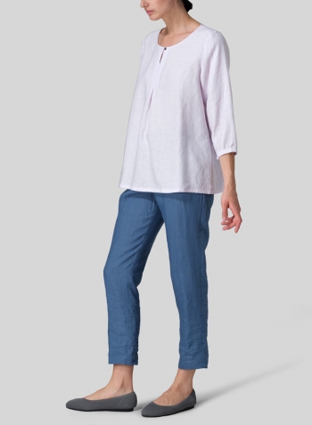 Pale Purple Linen Half Sleeve Inverted Front Pleat Blouse