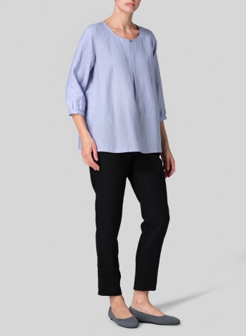 Light Sky Blue Linen Half Sleeve Inverted Front Pleat Blouse