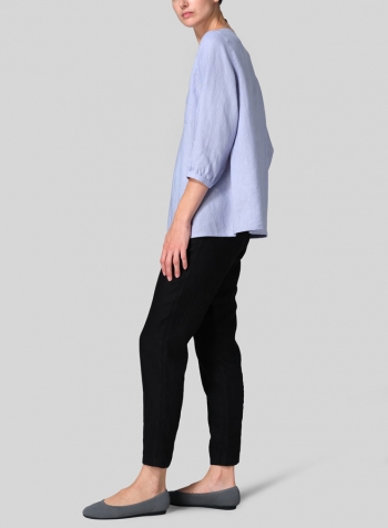 Light Sky Blue Linen Half Sleeve Inverted Front Pleat Blouse