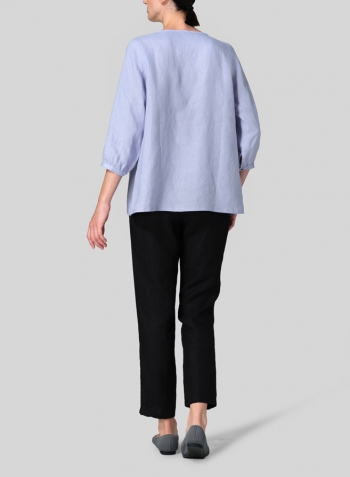 Light Sky Blue Linen Half Sleeve Inverted Front Pleat Blouse