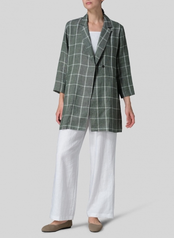 Green Plaid Linen Notch Lapel Hidden-Button Blazer