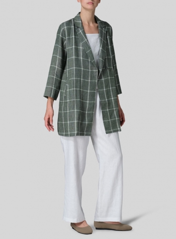 Green Plaid Linen Notch Lapel Hidden-Button Blazer