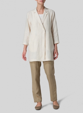 White Sand Linen Notch Lapel Hidden-Button Blazer