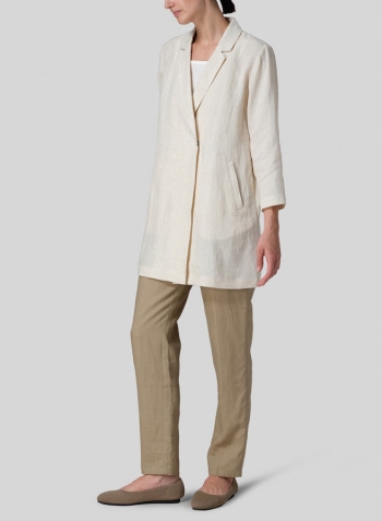 White Sand Linen Notch Lapel Hidden-Button Blazer