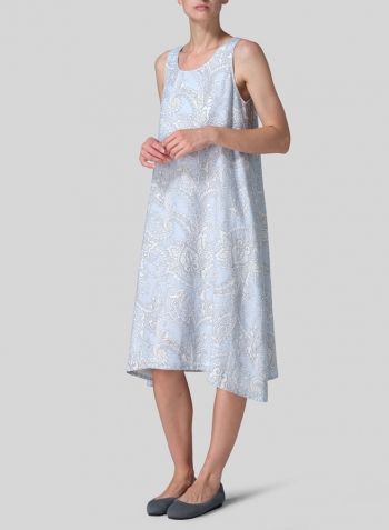 Blue Paisley Waves Linen Lining A-Shape Midi Dress