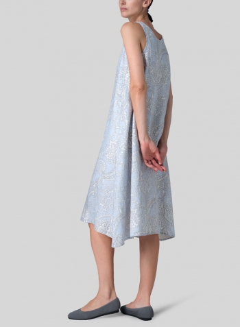 Blue Paisley Waves Linen Lining A-Shape Midi Dress