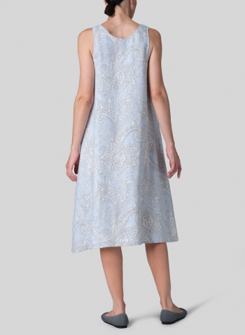 Blue Paisley Waves Linen Lining A-Shape Midi Dress