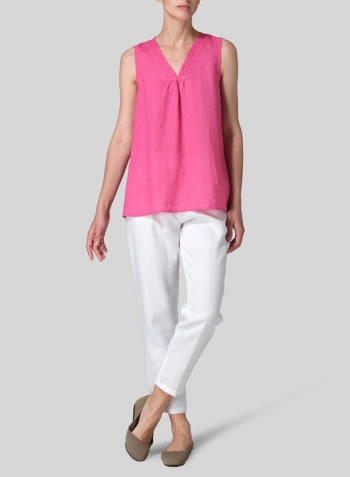 Pink Rose Linen Embroidered V-Neck Sleeveless Top