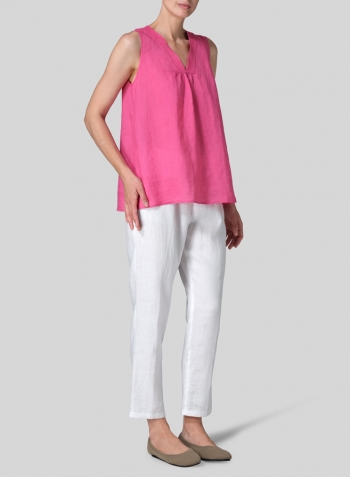 Pink Rose Linen Embroidered V-Neck Sleeveless Top