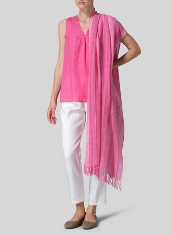 Pink Rose Linen Embroidered V-Neck Sleeveless Top Set