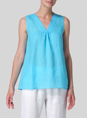 Light Sky Blue Linen Embroidered V-Neck Sleeveless Top