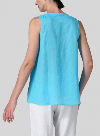 Light Sky Blue Linen Embroidered V-Neck Sleeveless Top