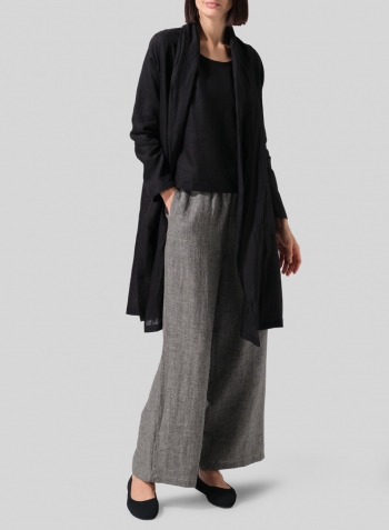 Black Linen Open-Front Shawl Collar Jacket