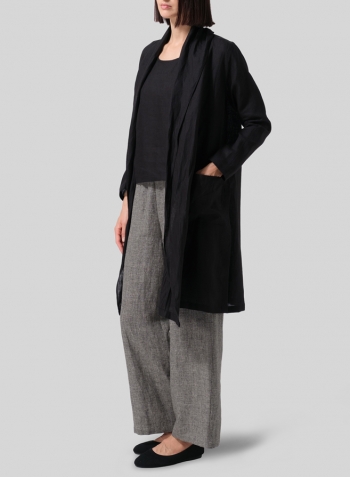 Black Linen Open-Front Shawl Collar Jacket