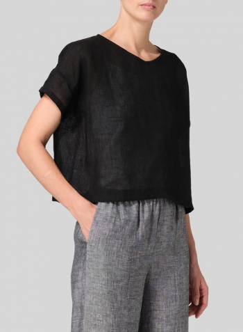 Black Linen Round Neck Box Top