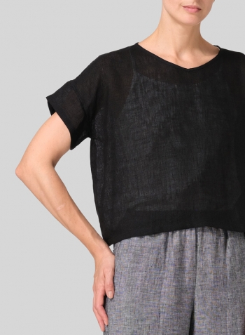 Black Linen Round Neck Box Top