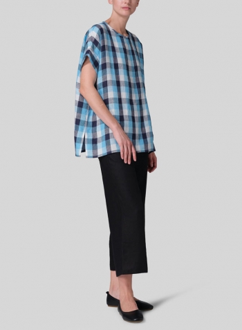 Azure Blue Checker Linen Dolman Sleeves Relaxed Fit Top