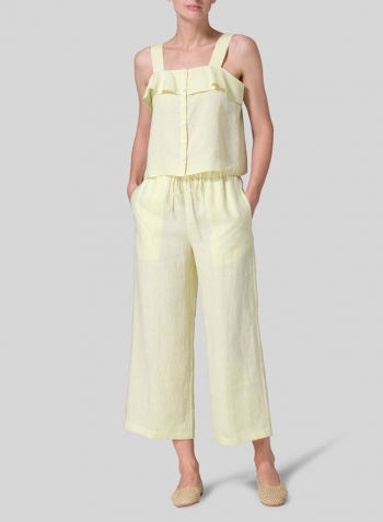 Mist Yellow Linen Ruffle Square Neck Cami Top