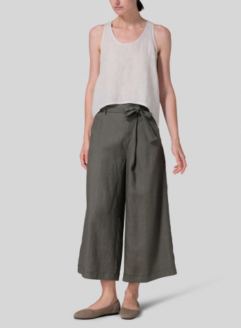 Olive Green Linen Wide-Leg Pants Set