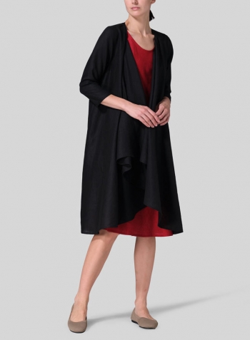 Black Linen Long Waterfall-Front Jacket