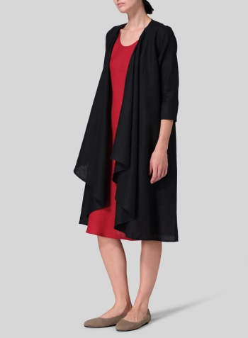 Black Linen Long Waterfall-Front Jacket