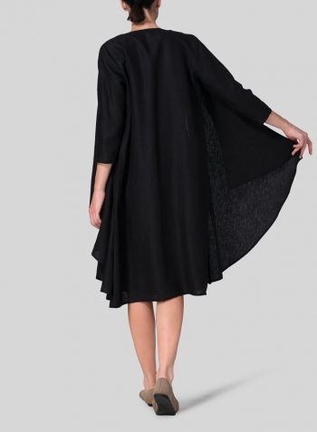 Black Linen Long Waterfall-Front Jacket