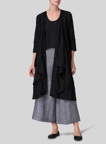 Black Linen Long Waterfall-Front Jacket Set