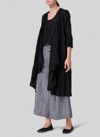 Black Linen Long Waterfall-Front Jacket Set