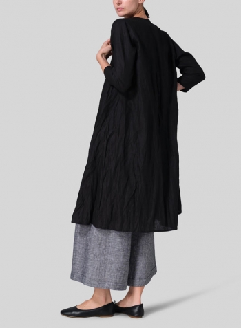 Black Linen Long Waterfall-Front Jacket Set