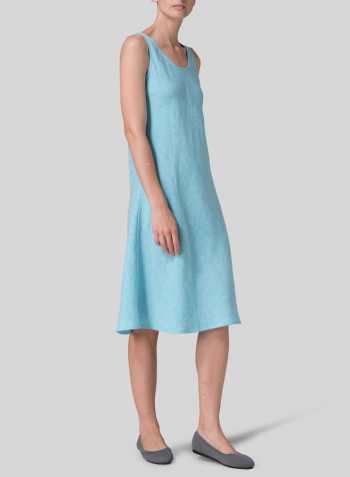 Aqua Blue Linen Bias Cut A-Line Midi Dress