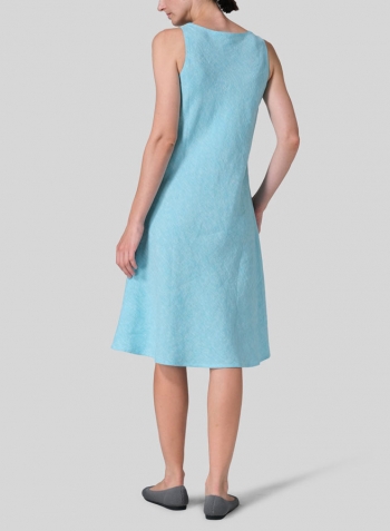 Aqua Blue Linen Bias Cut A-Line Midi Dress