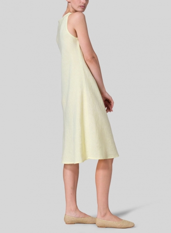 Mist Yellow Linen Bias Cut A-Line Midi Dress With Scarf