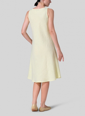 Mist Yellow Linen Bias Cut A-Line Midi Dress With Scarf