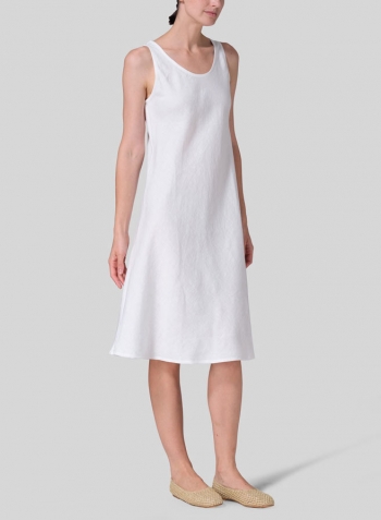 White Linen Bias Cut A-Line Midi Dress With Scarf