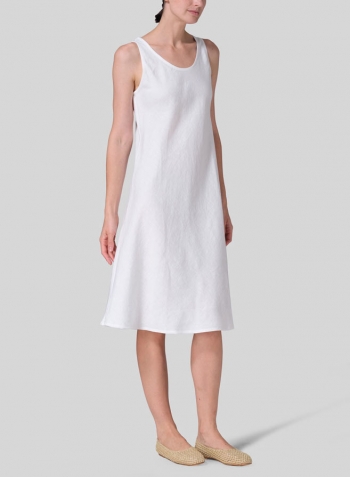 White Linen Bias Cut A-Line Midi Dress With Scarf