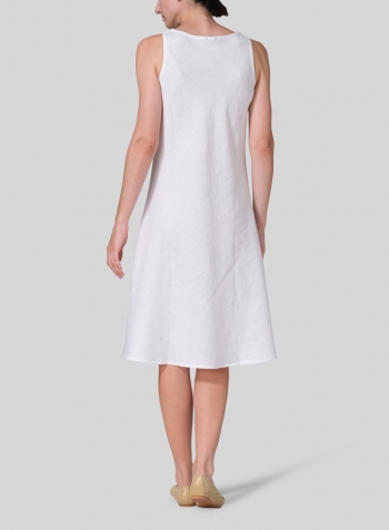 White Linen Bias Cut A-Line Midi Dress With Scarf
